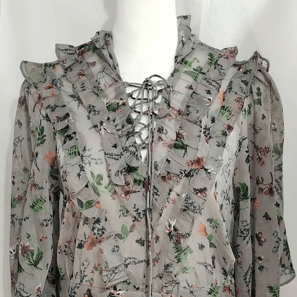 NWT Walter Baker Gray Floral Sheer Danielle Ruffle Blouse Butterflies Sz M - Picture 3 of 10